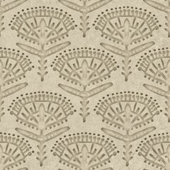 Seamless embossed paper texture for print. High quality illustration. Beige taupe or tan paper texture with embossed abstract ethnic tribal design overlay. Seamless repeat raster jpg pattern swatch.