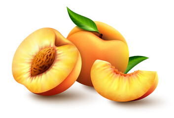 Set of Realistic ripe peaches with green leaves, whole, half and slices. Juicy sweet fruits realistic 3d vector high detail on white background. Ripe peaches, whole and sliced. Vector illustration.