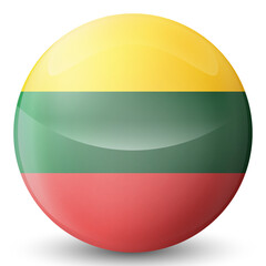 Glass light ball with flag of Lithuania. Round sphere, template icon. Lithuanian national symbol. Glossy realistic ball, 3D abstract vector illustration highlighted on a white background. Big bubble.