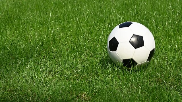 Football ball bouncing on green grass field