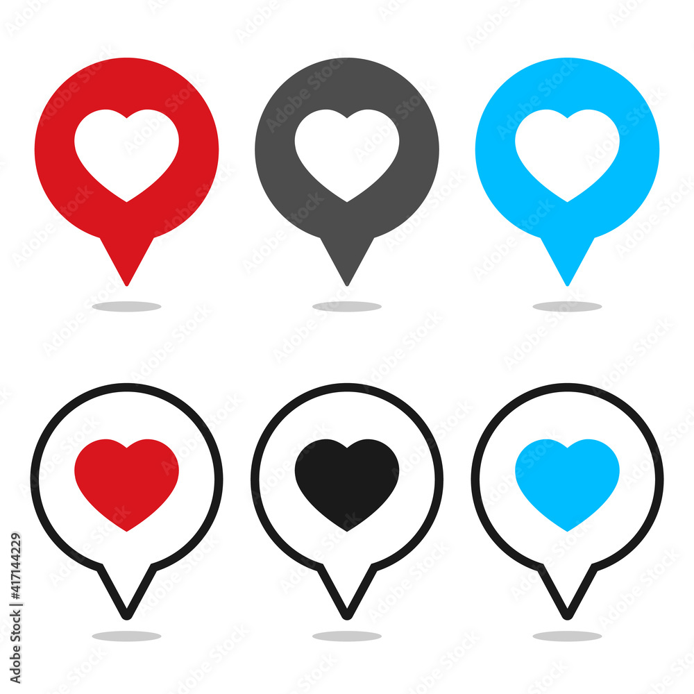 Aufkleber set of location pin icon with heart shape. position marker isolated on white background. pin map des
