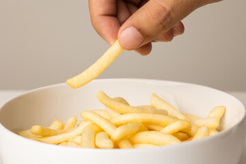 French fries Snack food crispy potato salty. Fast food or junk food snacks unhealthy concept.