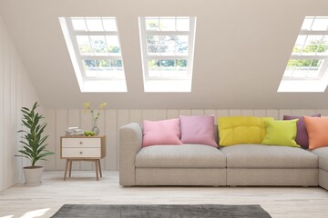 White living room with sofa. Scandinavian interior design. 3D illustration