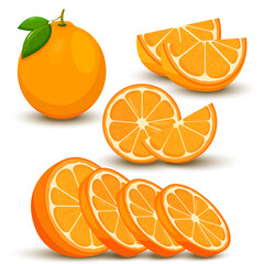 Set of fresh whole, half, cut slice orange fruit isolated on white background. Tangerine. Organic fruit. Flat style. Vector illustration for any design.