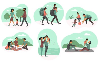 Set from illustrations of a family having a rest in nature. People with children walk in the park, have a picnic, play with a ball, go on a hike.