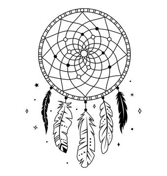 Dream catcher with threads, beads and feathers. Native american symbol in boho style. Vector tribal illustration. Ethnic indian dreamcatcher silhouette.