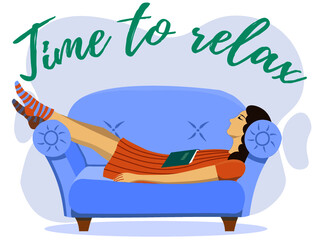 a girl sleeps on the sofa with a book. Flat cartoon vector illustration.