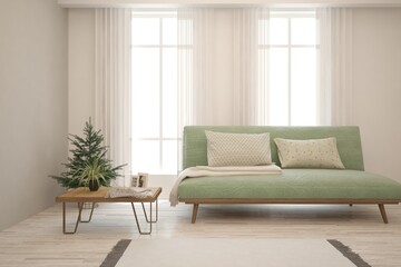 Modern living room in white color with sofa. Scandinavian interior design. 3D illustration