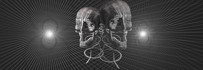 two grotesque heads on a perspective grid background. surreal illustration - obrazy, fototapety, plakaty