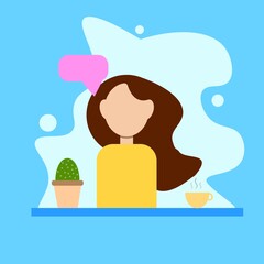 Woman sitting at a table with a cup and cactus. Concept illustration for work, freelance, study, education, work at home. Vector illustration in flat cartoon style. blue background ..