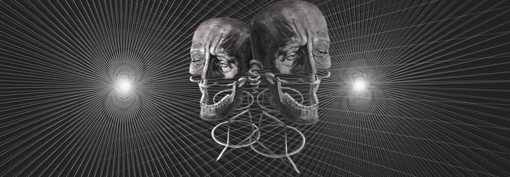 two grotesque heads on a perspective grid background. surreal illustration