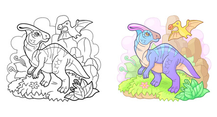 cartoon prehistoric dinosaur parasaurolophus, funny illustration