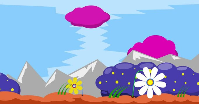 Looped bright cartoon background with landscape in unnatural colors with clouds, plants and flowers. Endless childish animated background.