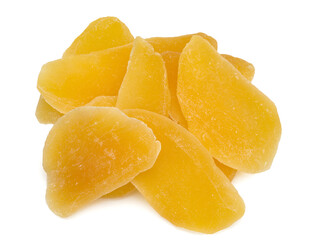 Dried mango slices on white background. Candied slices of mango fruit close-up. Oriental sweets for tea.