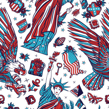 USA. Seamless pattern. United States of America concept. Statue of liberty, eagle, flag, map. American history and culture, patriotic background. Old school tattoo style