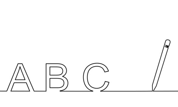 One line drawing style of the A B C capital letters with a pen that writing on the right. Concept about beginning, start, simply or easy.