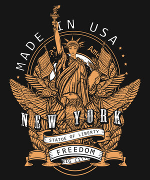 Statue of liberty art. Patriotic concept. New York slogan. Old school color tattoo style. History and culture. Traditional USA t-shirt design. United States of America