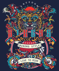 Bikers art. Tiger and asian dragons, burning motorcycle, rider sport print. Moto bike t-shirt design. Live to ride slogan