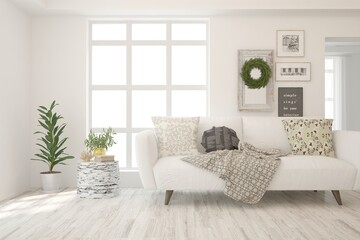 White living room with sofa. Scandinavian interior design. 3D illustration