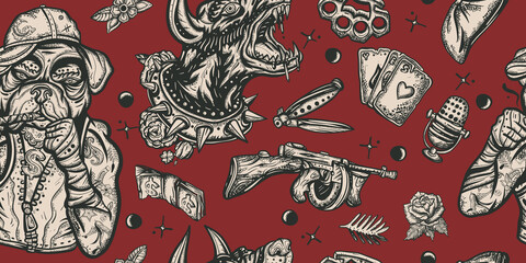 Naklejka premium Dogs. Evil doberman and crime boxer bulldog. Criminal street culture graphic background. Old school tattoo seamless pattern. Cartoon character. Hip-hop and gangsta lifestyle. Ghetto underground art