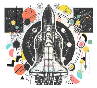 Space shuttle. Symbol of flight to new galaxies. Zine culture concept. Hand drawn vector glitch tattoo, contemporary  cyberpunk collage. Vaporwave art. Surreal pop culture style