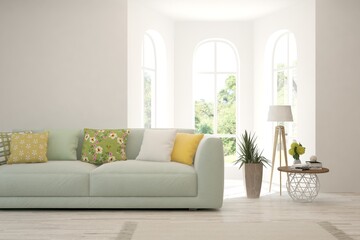 White living room with sofa. Scandinavian interior design. 3D illustration