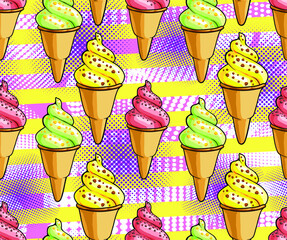 Vector seamless pattern with different ice creams in pop art style. Filling with different flavors in beautiful desserts. Drawing comics. Polka dots and circles on a bright background
