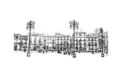 Building view with landmark of Cadiz is the city in Spain. Hand drawn sketch illustration in vector. © dhanu3182