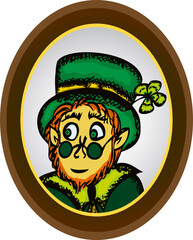 Fototapeta na wymiar Vector image of portrait cheerful cartoon leprechaun in oval picture frame