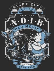 Fototapeta na wymiar Noir. Detective and retro woman portrait. Gangster and criminal girl. Mafia concept. Tattoo and t-shirt design. Police inspector and night city. Old movie style. Vector illustration. Dark crime art