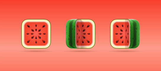 Set of 3D cartoon vector icons of square cut watermelon on red background. Isolated vector template of ripe fresh summer fruit for vegetarian shop, logo, mobile app. Organic healthy eco food concept