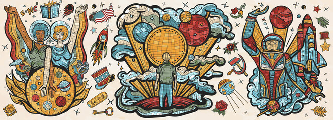 Universe and people. Retro Soviet Union mosaic style. Space program of America and USSR. Multicultural study of deep space. Astronaut, spacecraft, scientists and dreamer. Old school tattoo collection