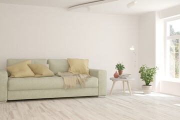 White living room with sofa. Scandinavian interior design. 3D illustration