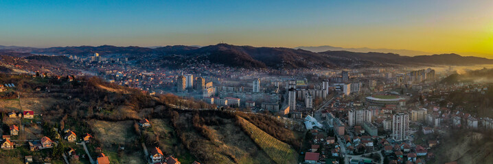 Aerial view of downtown Tuzla at night, Bosnia. City photographed by drone, traffic and objects , landscape