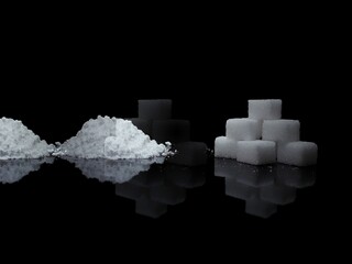 Cocaine drug powder pile and ump sugar cubes on black background, sugar is more addictive than...