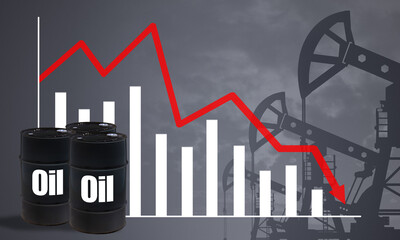 Falling oil prices. Black petroleum barrels next graphs. Charts show fall in oil prices. Oil rigs...