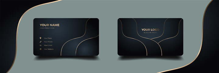 Luxury business card with floral wavy shape template design. Inspiration from the dark abstract background. Contact card for company. Two sided gold with geometric design vector illustration template.
