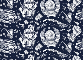 Communist Cuba seamless pattern. Hero cuban revolutionary, retro machine, symbol of the Soviet Union. Traditional tattooing background. History and culture of Latin America