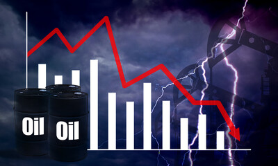 Crisis oil market. Falling petroleum prices. Oil logo on black barrels. Arrow on chart goes down....