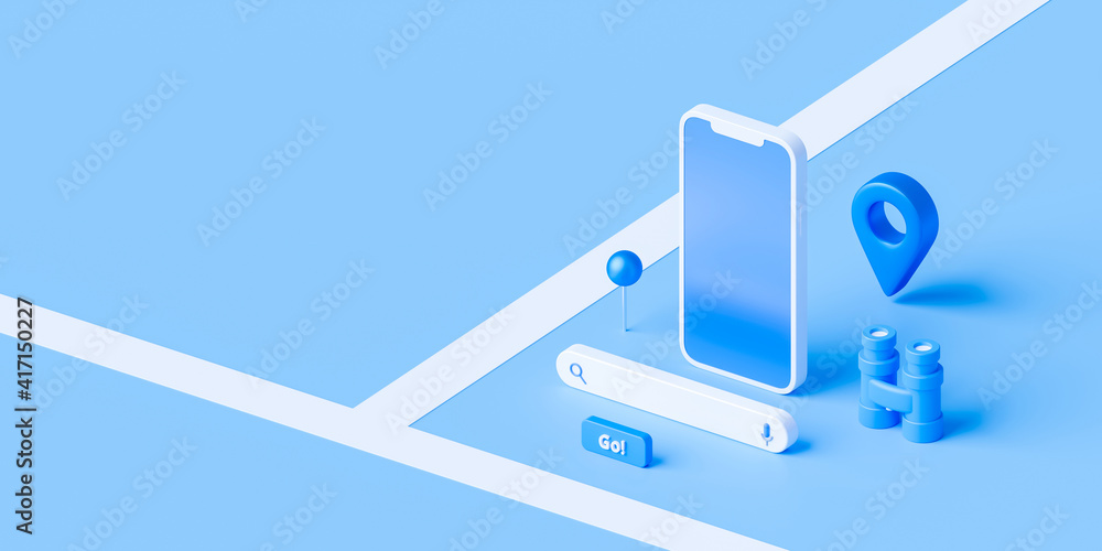 Poster isometric of map and location pin or navigation icon sign on blue background with search concept. 3d