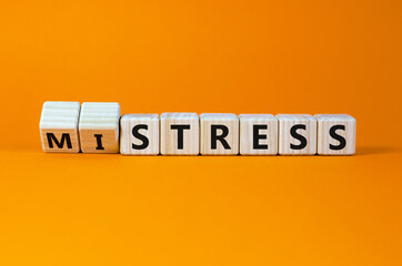 Mistress or stress symbol. Turned wooden cubes and changed the word 'mistress' to 'stress'....