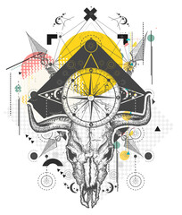 Skull bull. Wild west art, compass, crossed arrows. Zine culture concept. Hand drawn vector glitch tattoo, contemporary  cyberpunk collage. Vaporwave art. Surreal pop culture style