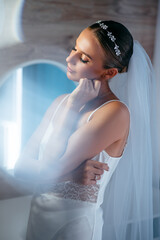 Charming bride in elegant lingerie and wedding veil