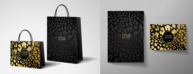 Luxury shopping paper bag design template with black and gold leopard print. Luxe glamorous golden pattern for brand gift packet, premium shop purchase. Vector glam packaging layout