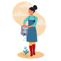 Gardening. Woman is giving water to flowers. Woman watering tree. Girl With Watering Can.  Spring Gardening. Woman farmer
