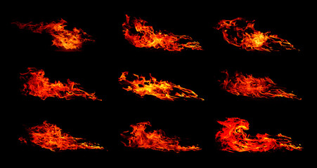 The set of  9 thermal energy flames image set on a black background.