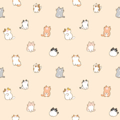 Fototapeta premium Seamless Pattern with Cartoon Cat Illustration Design on Beige Color Background