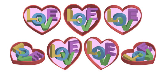3d set of heart and word love made of colored letters
