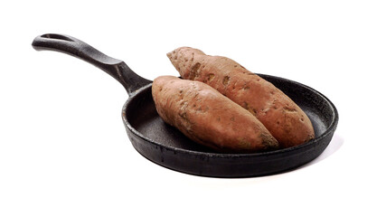 Sweet potato in the pan isolated on white background.