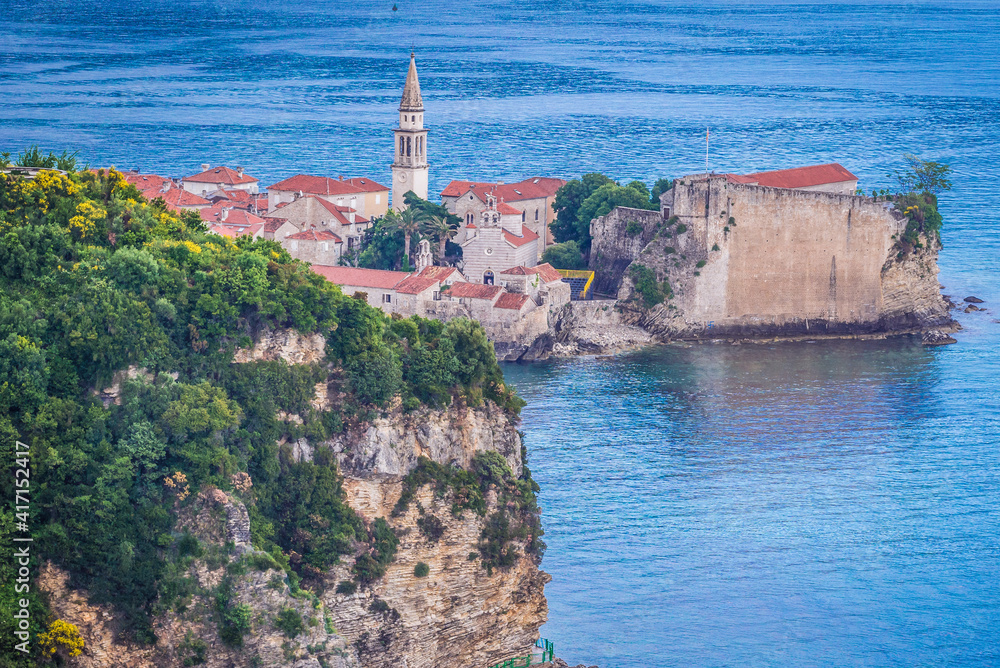 Wall mural Old Town of Budva city, view from Mogren Fortress, Montenegro